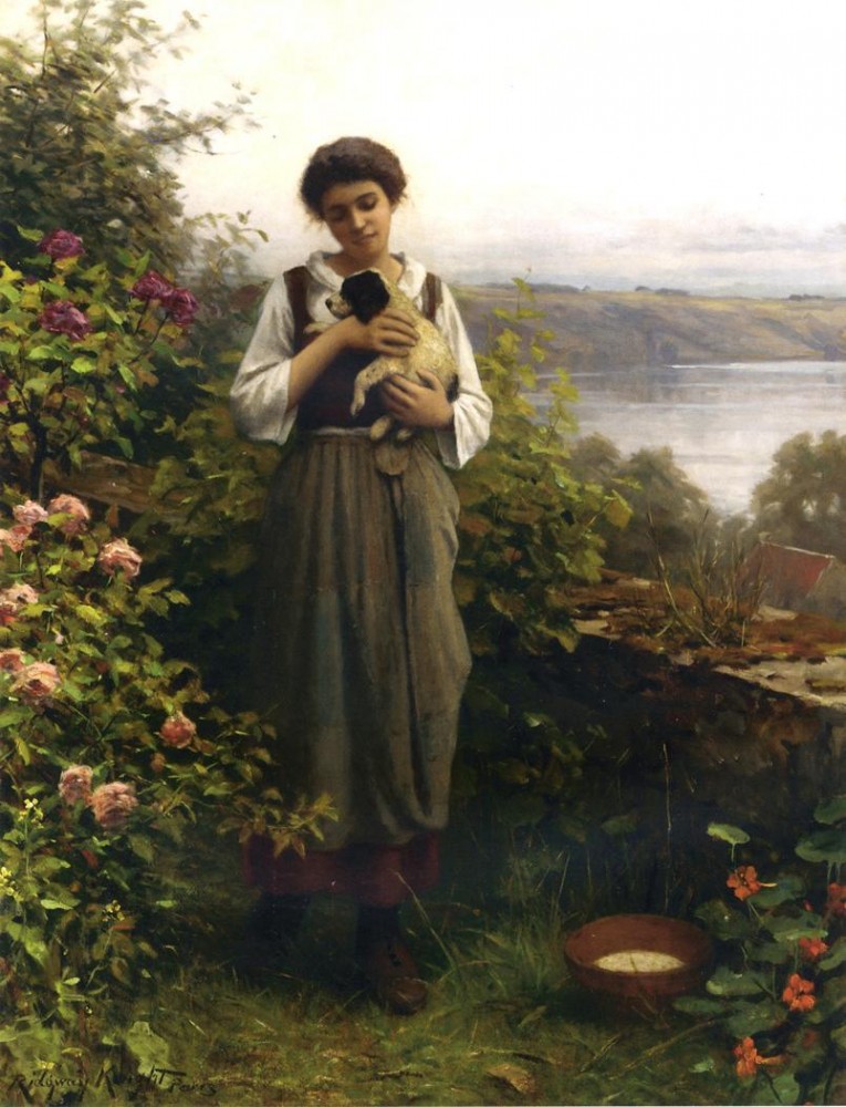 Young Girl Holding a Puppy by Daniel Ridgway Knight