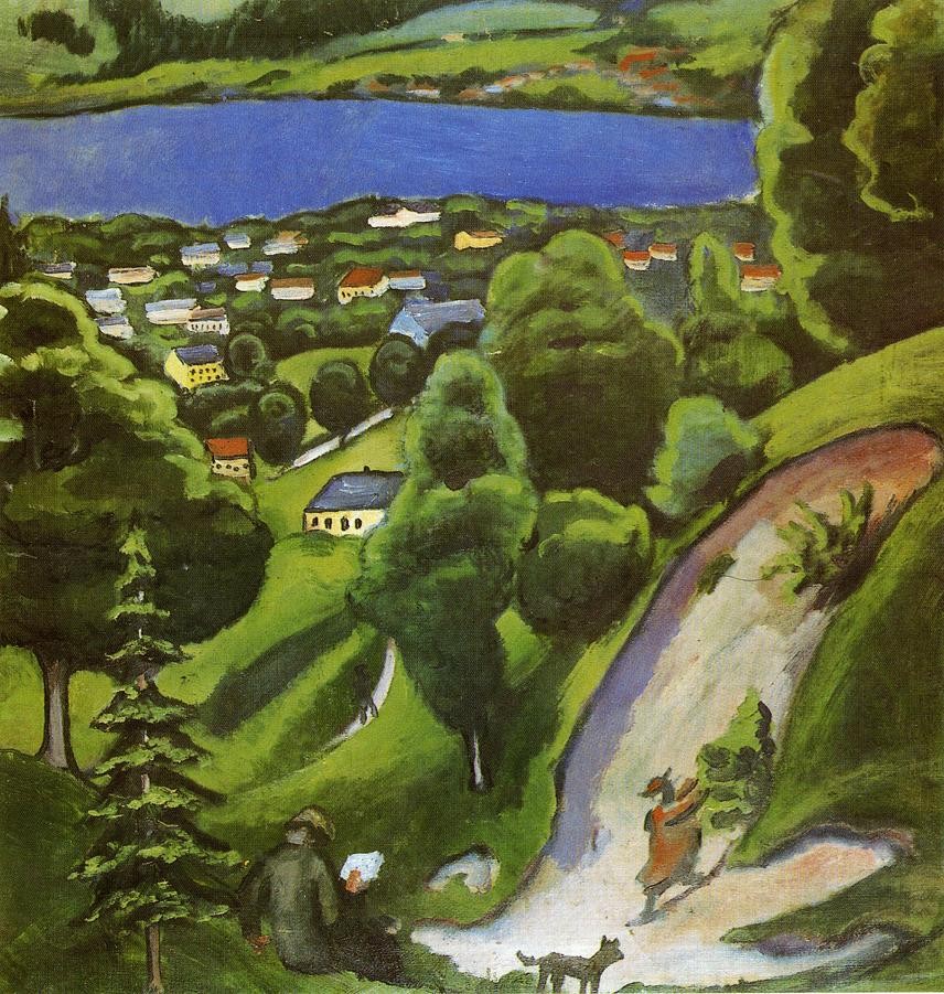 Tegernsee Landscape With Man Reading And Dog by August Macke