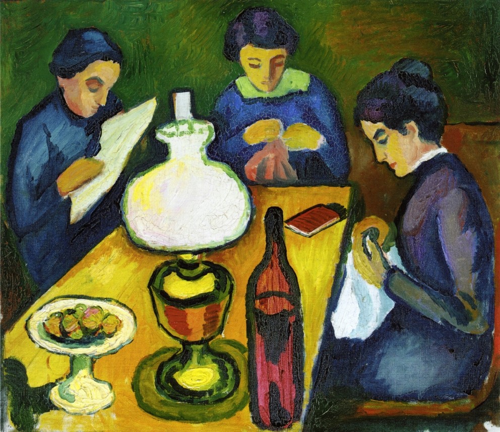 Three Woman At The Table By The Lamp by August Macke