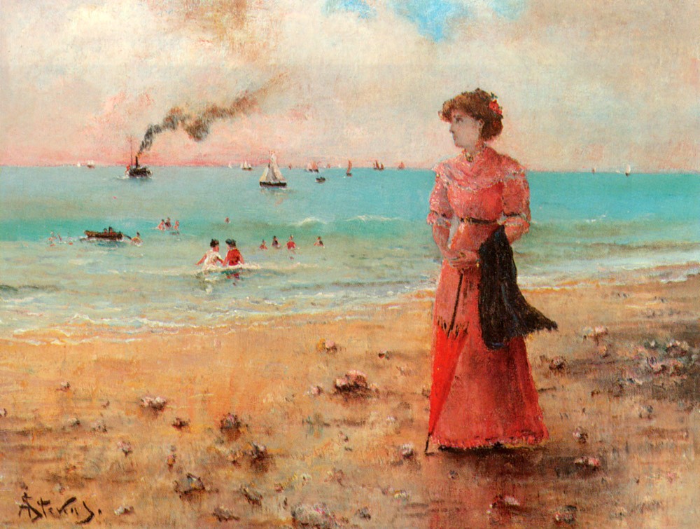 Jeune Femme A Lombrelle Rouge Au Bord De La Mer by Alfred Émile Stevens
