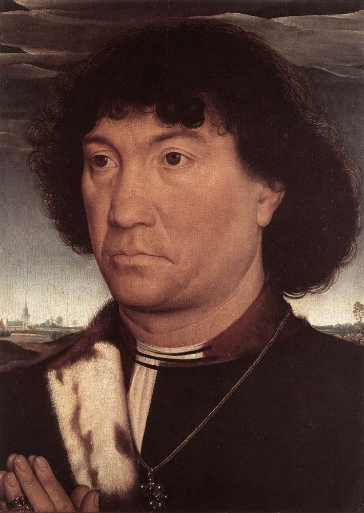 Portrait Of A Man At Prayer Before A Landscape by Hans Memling