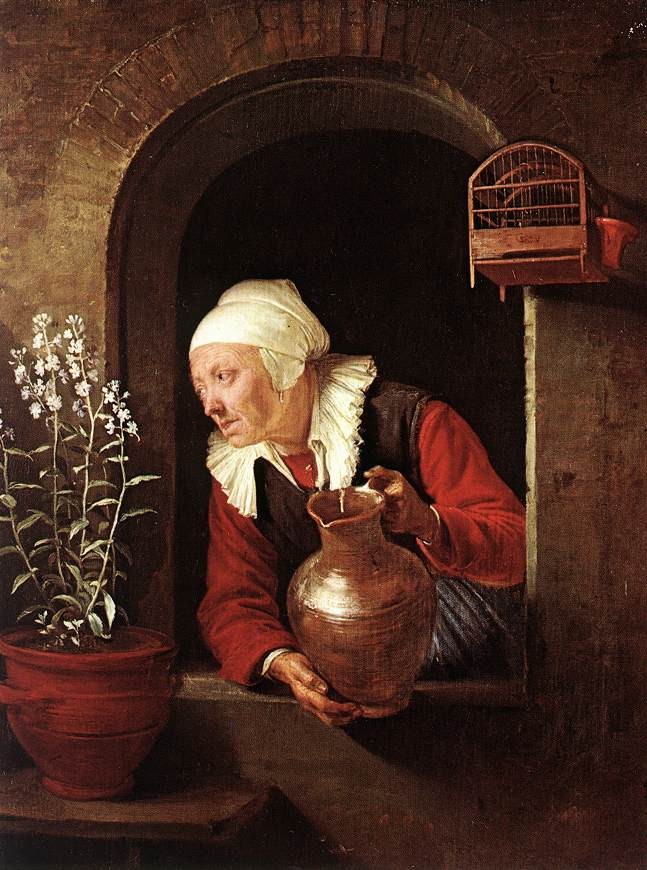 Old Woman Watering Flowers by Gerrit (Gerard) Dou