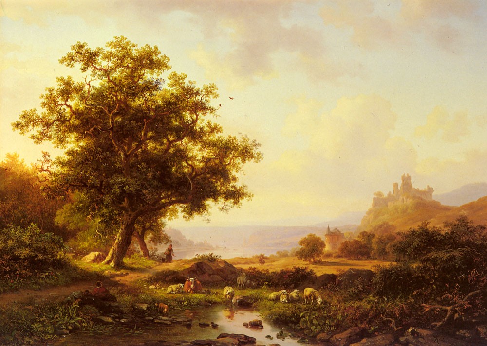 An Extensive River Landscape With A Castle On A Hill Beyond by Frederik Marinus Kruseman
