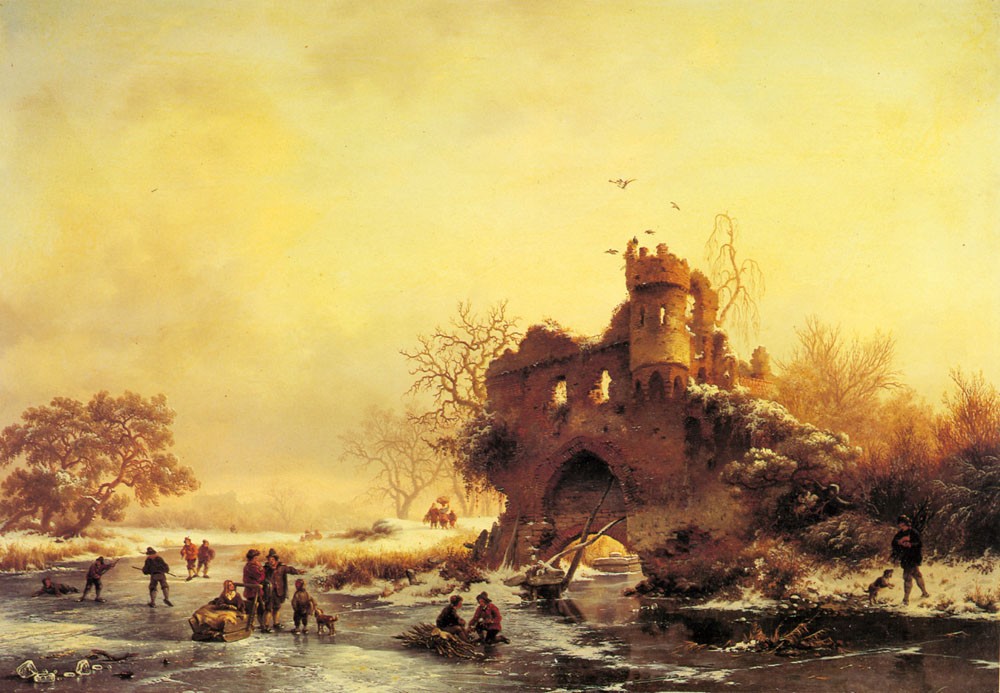 Winter Landscape With Skaters On A Frozen River Beside Castle Ruins by Frederik Marinus Kruseman